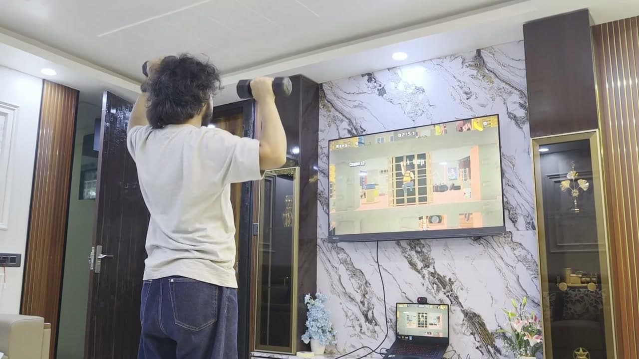 A player doing a squat while playing Rep Rush